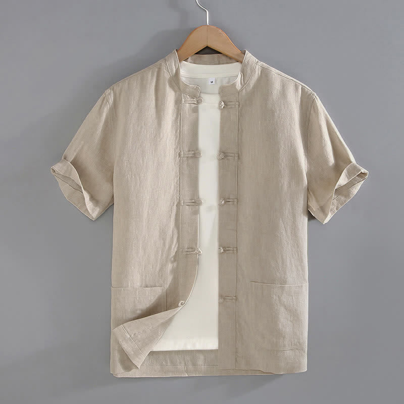 Buddha Stones Vintage Plain Tang Suit Chinese Frog-Button Men's Shirt With Pockets - Beige - US/UK/AU46,EU56 (5XL) - image 0
