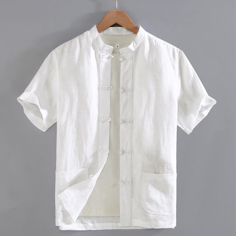Buddha Stones Vintage Plain Tang Suit Chinese Frog-Button Men's Shirt With Pockets - White - US/UK/AU46,EU56 (5XL) - image 10