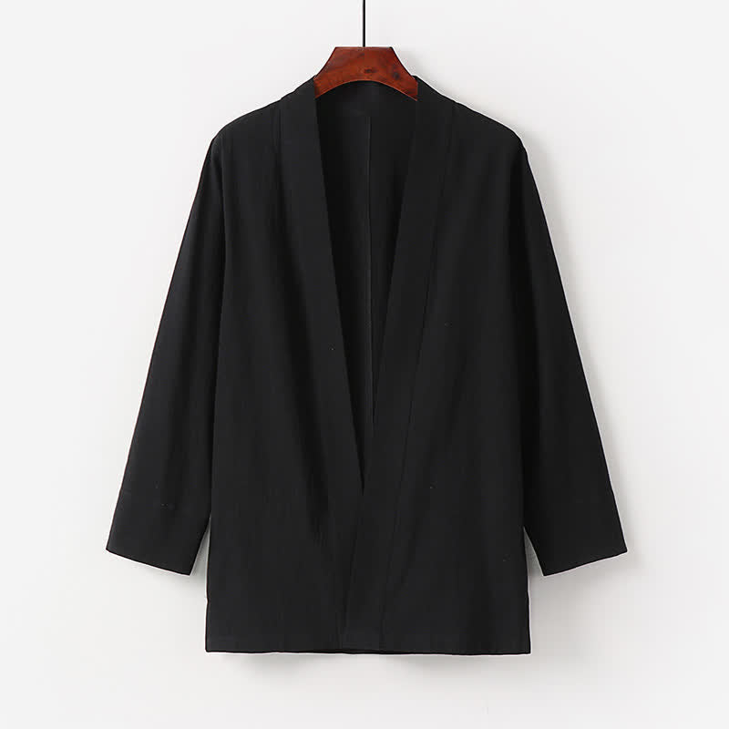 Buddha Stones Summer Minimalist Solid Cotton Linen Men's Kimono With Pocket - Black - US/UK/AU50,EU60 (7XL) - image 2