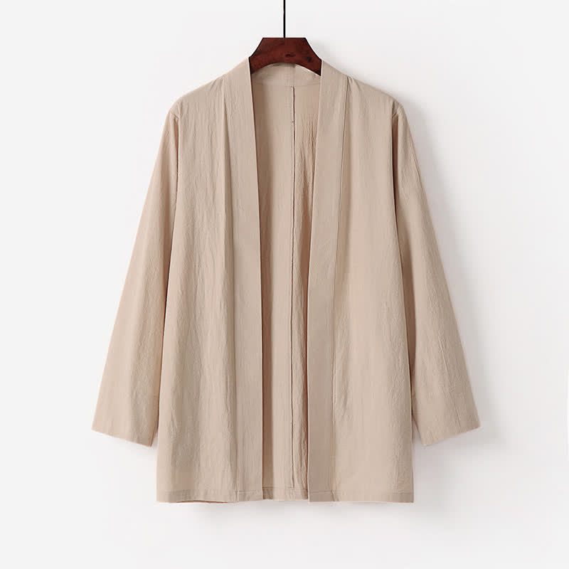 Buddha Stones Summer Minimalist Solid Cotton Linen Men's Kimono With Pocket - Beige - US/UK/AU50,EU60 (7XL) - image 3