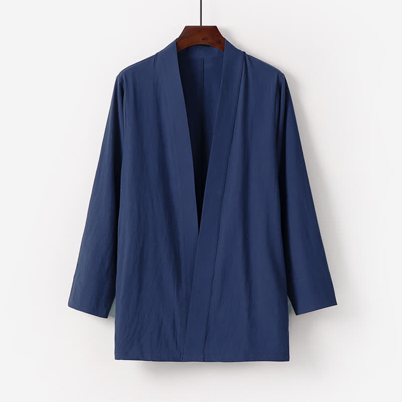 Buddha Stones Summer Minimalist Solid Cotton Linen Men's Kimono With Pocket - MidnightBlue - US/UK/AU50,EU60 (7XL) - image 0
