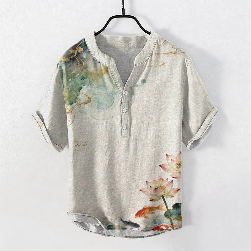 Buddha Stones Cotton Koi Fish Lotus Pattern Men's Short Sleeve Half Button Shirt - Linen - US/UK/AU50,EU60 (5XL) - image 0