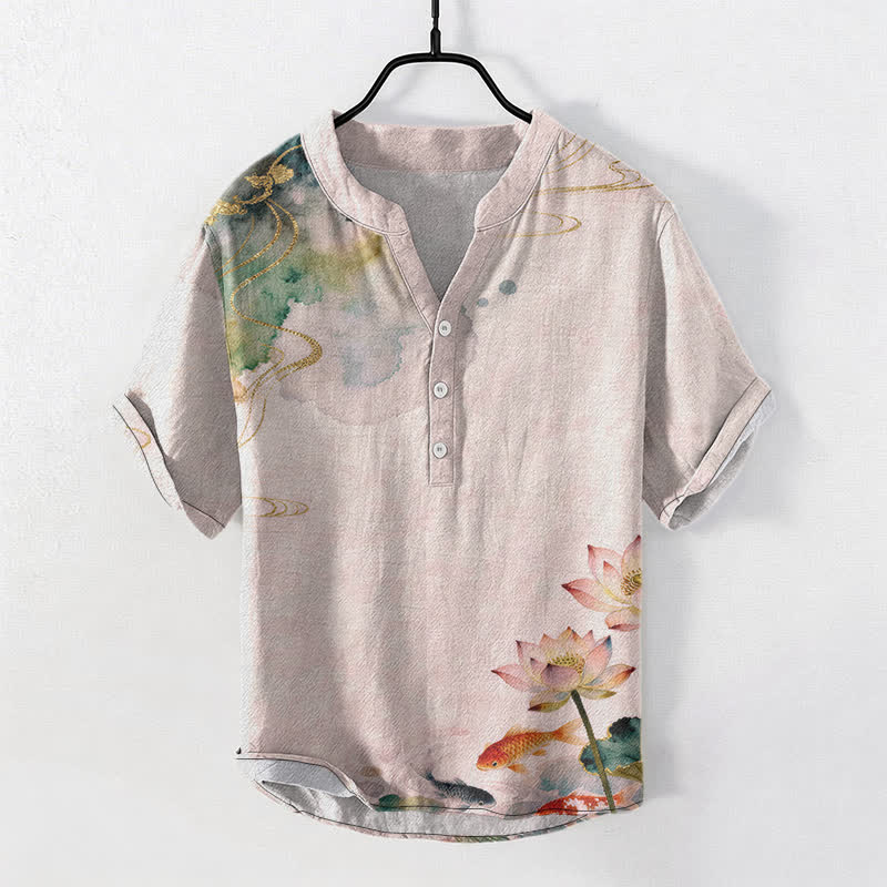 Buddha Stones Cotton Koi Fish Lotus Pattern Men's Short Sleeve Half Button Shirt - LavenderBlush - US/UK/AU50,EU60 (5XL) - image 5