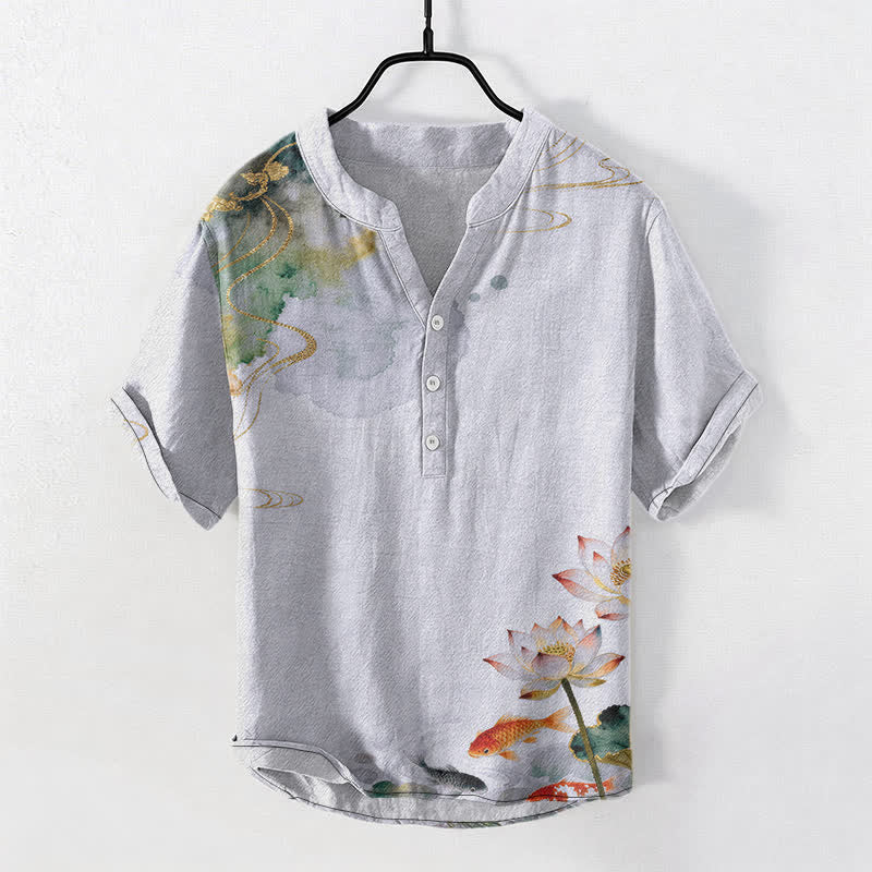 Buddha Stones Cotton Koi Fish Lotus Pattern Men's Short Sleeve Half Button Shirt - LightBlue - US/UK/AU50,EU60 (5XL) - image 7