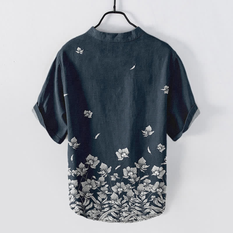 Buddha Stones Cotton White Floral Hem Pattern Men's Short Sleeve Half Button Shirt - Navy - US/UK/AU50,EU60 (5XL) - image 1