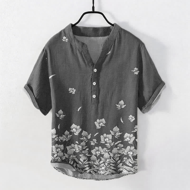 Buddha Stones Cotton White Floral Hem Pattern Men's Short Sleeve Half Button Shirt - DarkGray - US/UK/AU50,EU60 (5XL) - image 5