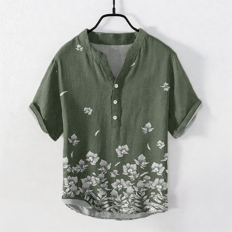 Buddha Stones Cotton White Floral Hem Pattern Men's Short Sleeve Half Button Shirt - DarkOliveGreen - US/UK/AU50,EU60 (5XL) - image 7