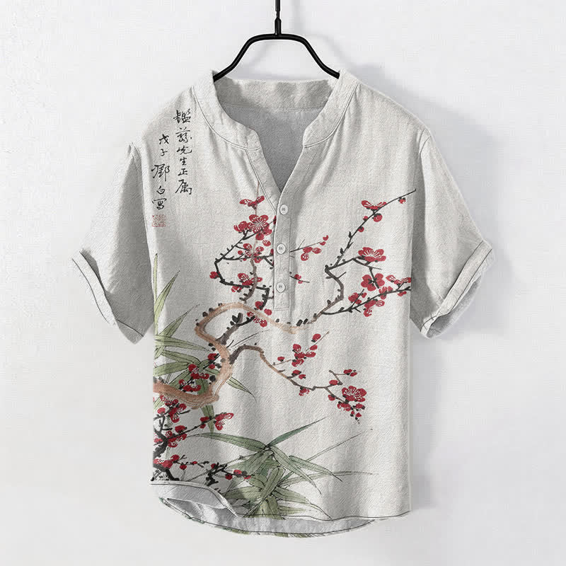 Buddha Stones Cotton Plum Blossom Bamboo Pattern Men's Short Sleeve Half Button Shirt - White - US/UK/AU50,EU60 (5XL) - image 0