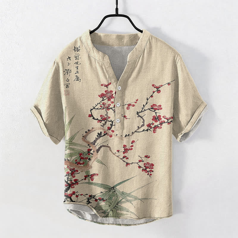 Buddha Stones Cotton Plum Blossom Bamboo Pattern Men's Short Sleeve Half Button Shirt - Linen - US/UK/AU50,EU60 (5XL) - image 5
