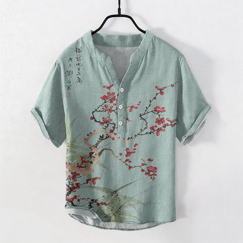 Buddha Stones Cotton Plum Blossom Bamboo Pattern Men's Short Sleeve Half Button Shirt - Turquoise - US/UK/AU50,EU60 (5XL) - image 7