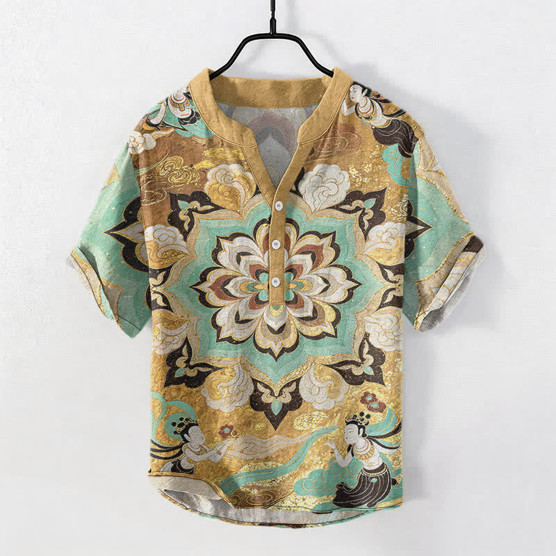 Buddha Stones Cotton Mandala Lotus Pattern Men's Short Sleeve Half Button Shirt - Gold - US/UK/AU50,EU60 (5XL) - image 0