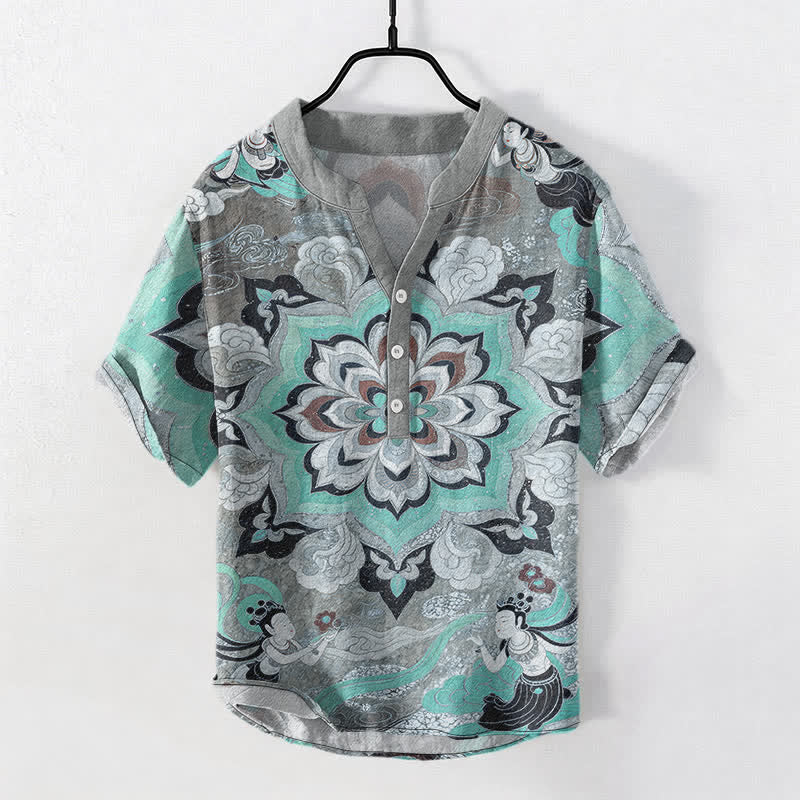 Buddha Stones Cotton Mandala Lotus Pattern Men's Short Sleeve Half Button Shirt - Turquoise - US/UK/AU50,EU60 (5XL) - image 5