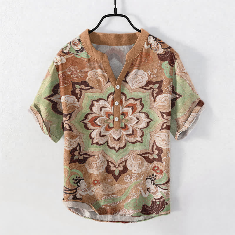 Buddha Stones Cotton Mandala Lotus Pattern Men's Short Sleeve Half Button Shirt - BurlyWood - US/UK/AU50,EU60 (5XL) - image 7