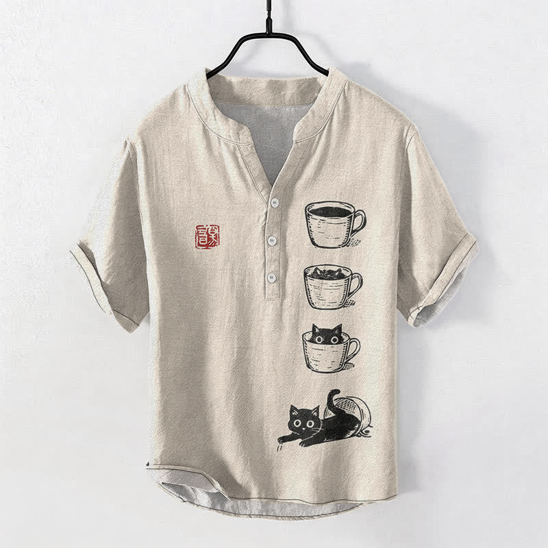 Buddha Stones Cotton Stacked Cups Cat Pattern Men's Short Sleeve Half Button Shirt - Beige - US/UK/AU50,EU60 (5XL) - image 0