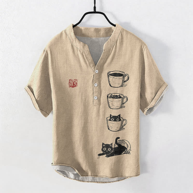 Buddha Stones Cotton Stacked Cups Cat Pattern Men's Short Sleeve Half Button Shirt - Tan - US/UK/AU50,EU60 (5XL) - image 5