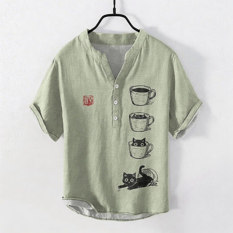 Buddha Stones Cotton Stacked Cups Cat Pattern Men's Short Sleeve Half Button Shirt - DarkSeaGreen - US/UK/AU50,EU60 (5XL) - image 7