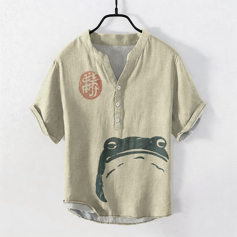 Buddha Stones Cotton Vintage Frog Seal Pattern Men's Short Sleeve Half Button Shirt - Beige - US/UK/AU50,EU60 (5XL) - image 0