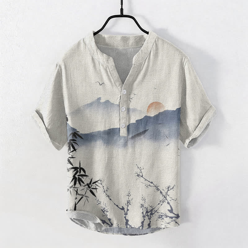 Buddha Stones Cotton Ink Mountain Sun Pattern Men's Short Sleeve Half Button Shirt - Beige - US/UK/AU50,EU60 (5XL) - image 0
