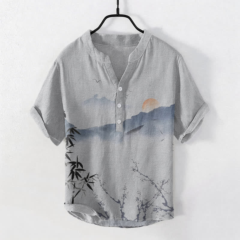 Buddha Stones Cotton Ink Mountain Sun Pattern Men's Short Sleeve Half Button Shirt - LightGrey - US/UK/AU50,EU60 (5XL) - image 5