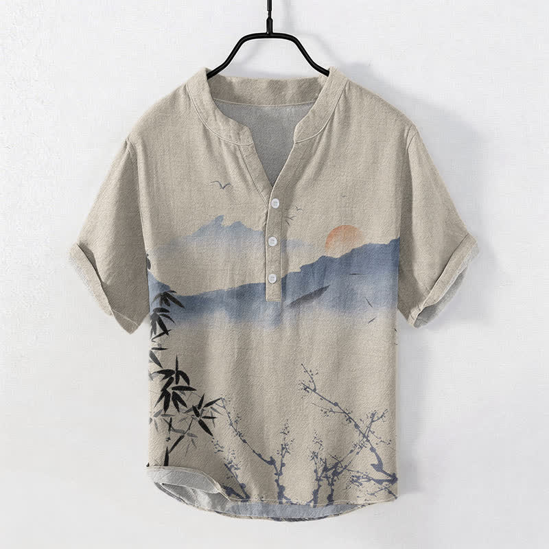 Buddha Stones Cotton Ink Mountain Sun Pattern Men's Short Sleeve Half Button Shirt - Tan - US/UK/AU50,EU60 (5XL) - image 3