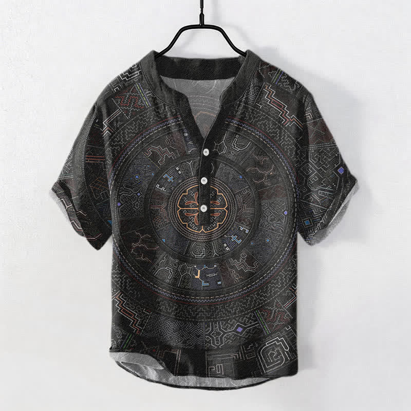 Buddha Stones Cotton Tribal Mandala Pattern Men's Short Sleeve Half Button Shirt - Black - US/UK/AU50,EU60 (5XL) - image 0