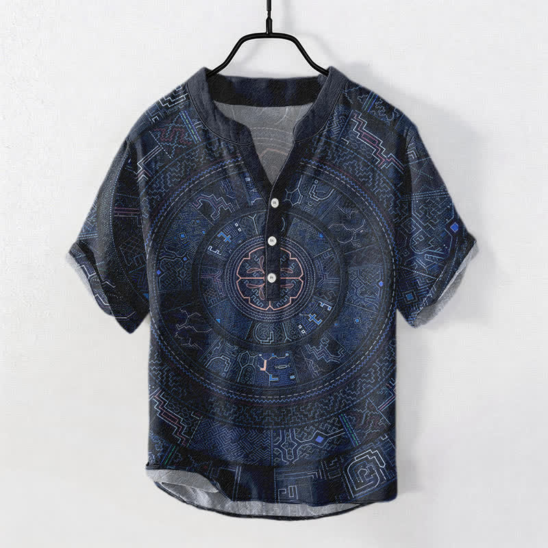 Buddha Stones Cotton Tribal Mandala Pattern Men's Short Sleeve Half Button Shirt - Navy - US/UK/AU50,EU60 (5XL) - image 5