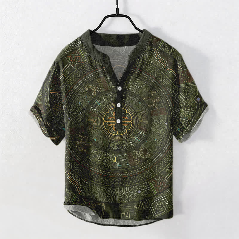 Buddha Stones Cotton Tribal Mandala Pattern Men's Short Sleeve Half Button Shirt - DarkOliveGreen - US/UK/AU50,EU60 (5XL) - image 7