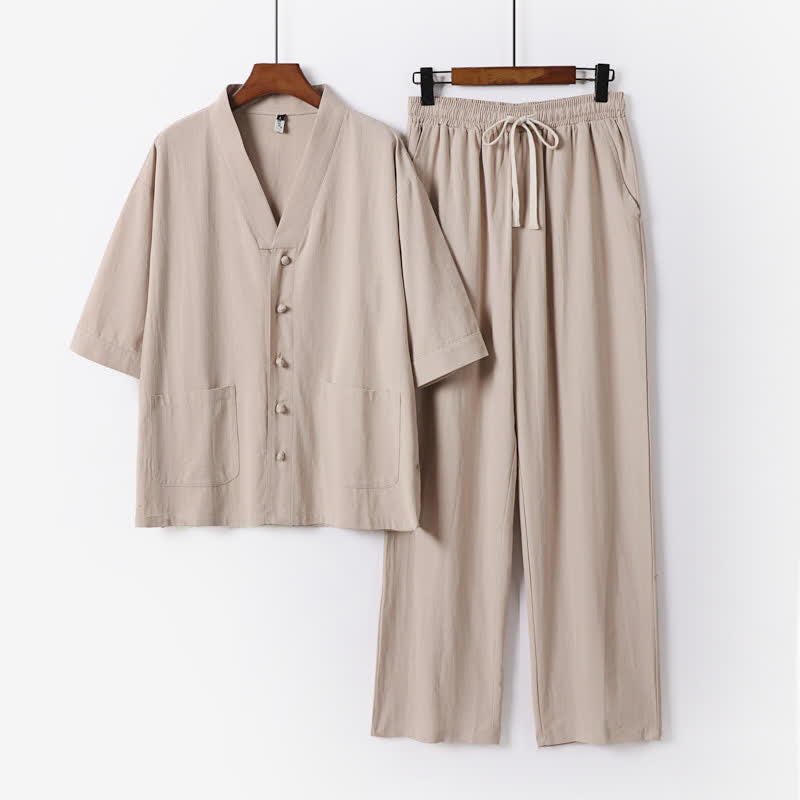 Buddha Stones 2Pcs Summer Tang Style Mandarin Collar Drawstring Solid Short Sleeve Shirt Pants Men's Meditation Cloth With Pockets - BurlyWood - US/UK/AU54,EU64 (9XL) - image 14
