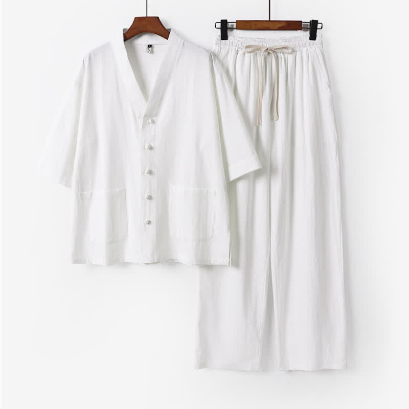 Buddha Stones 2Pcs Summer Tang Style Mandarin Collar Drawstring Solid Short Sleeve Shirt Pants Men's Meditation Cloth With Pockets - White - US/UK/AU54,EU64 (9XL) - image 0