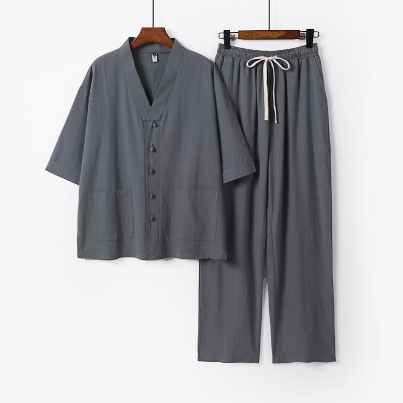 Buddha Stones 2Pcs Summer Tang Style Mandarin Collar Drawstring Solid Short Sleeve Shirt Pants Men's Meditation Cloth With Pockets - SlateGray - US/UK/AU54,EU64 (9XL) - image 8