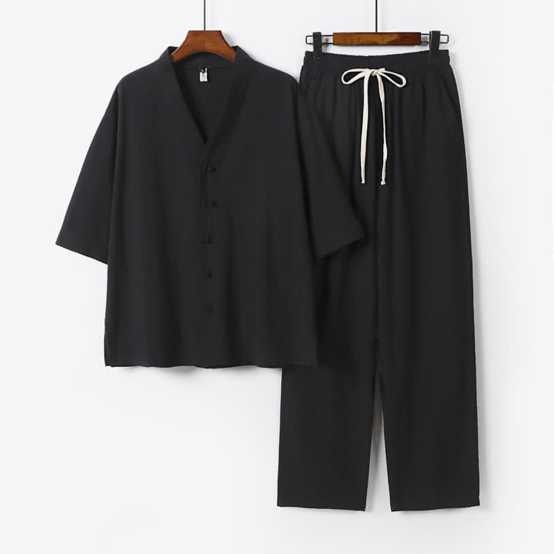 Buddha Stones 2Pcs Summer Tang Style Mandarin Collar Drawstring Solid Short Sleeve Shirt Pants Men's Meditation Cloth With Pockets - Black - US/UK/AU54,EU64 (9XL) - image 11