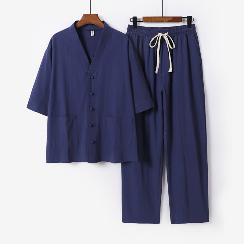 Buddha Stones 2Pcs Summer Tang Style Mandarin Collar Drawstring Solid Short Sleeve Shirt Pants Men's Meditation Cloth With Pockets - MidnightBlue - US/UK/AU54,EU64 (9XL) - image 18