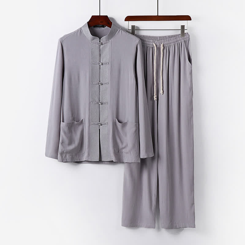 Buddha Stones 2Pcs Spring Tang Style Mandarin Collar Frog Button Solid Long Sleeve Shirt Pants Men's Meditation Cloth With Pockets - Silver - US/UK/AU48,EU58 (6XL) - image 9