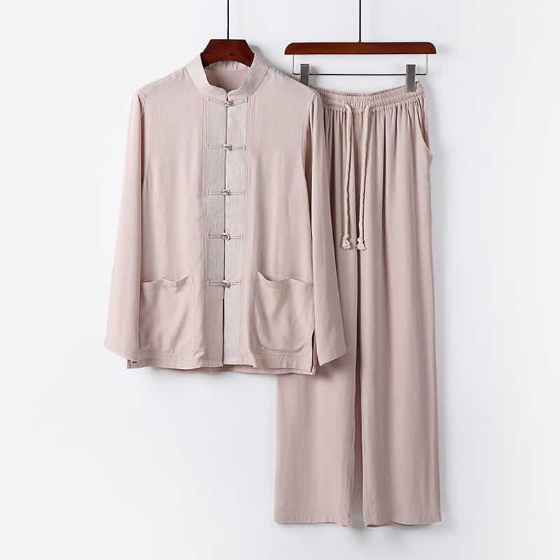 Buddha Stones 2Pcs Spring Tang Style Mandarin Collar Frog Button Solid Long Sleeve Shirt Pants Men's Meditation Cloth With Pockets - Beige - US/UK/AU48,EU58 (6XL) - image 0