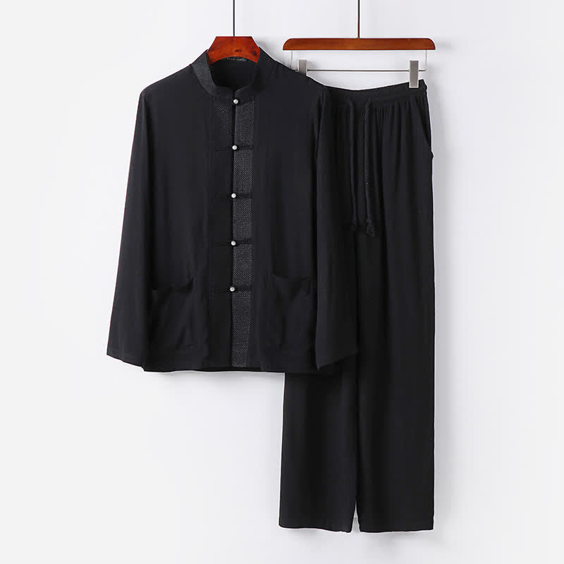 Buddha Stones 2Pcs Spring Tang Style Mandarin Collar Frog Button Solid Long Sleeve Shirt Pants Men's Meditation Cloth With Pockets - Black - US/UK/AU48,EU58 (6XL) - image 12