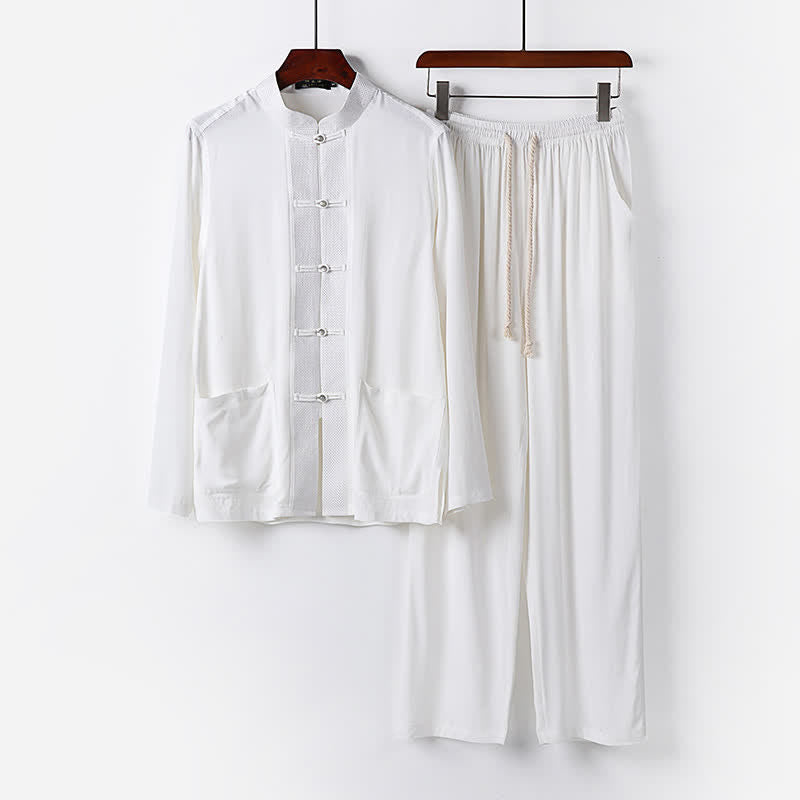 Buddha Stones 2Pcs Spring Tang Style Mandarin Collar Frog Button Solid Long Sleeve Shirt Pants Men's Meditation Cloth With Pockets - White - US/UK/AU48,EU58 (6XL) - image 17