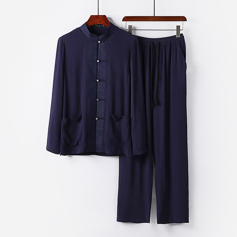 Buddha Stones 2Pcs Spring Tang Style Mandarin Collar Frog Button Solid Long Sleeve Shirt Pants Men's Meditation Cloth With Pockets - MidnightBlue - US/UK/AU48,EU58 (6XL) - image 14