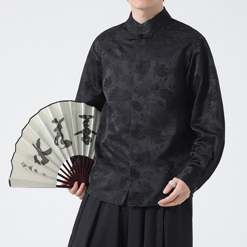Buddha Stones Fall Elegant Tang Style Mandarin Collar Floral Men's Long Sleeve Shirts - Black - US/UK/AU44,EU54 (4XL) - image 0