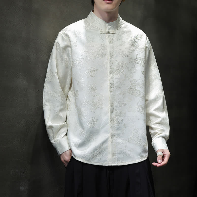 Buddha Stones Fall Elegant Tang Style Mandarin Collar Floral Men's Long Sleeve Shirts - White - US/UK/AU44,EU54 (4XL) - image 13