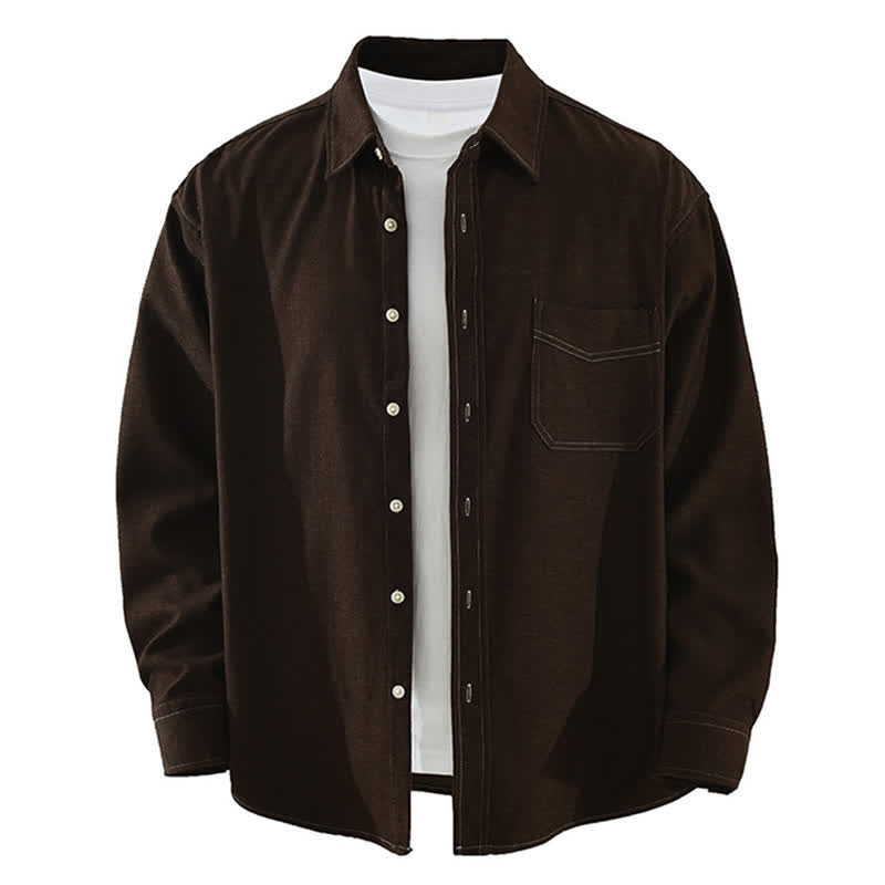 Buddha Stones Fall Casual Solid Men's Long Sleeve Shirts With Patch Pocket - SaddleBrown - US/UK/AU42,EU52 (3XL) - image 12