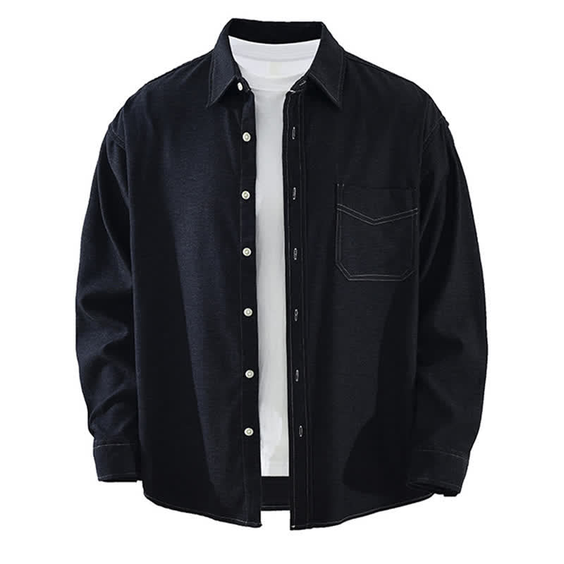 Buddha Stones Fall Casual Solid Men's Long Sleeve Shirts With Patch Pocket - MidnightBlue - US/UK/AU42,EU52 (3XL) - image 13