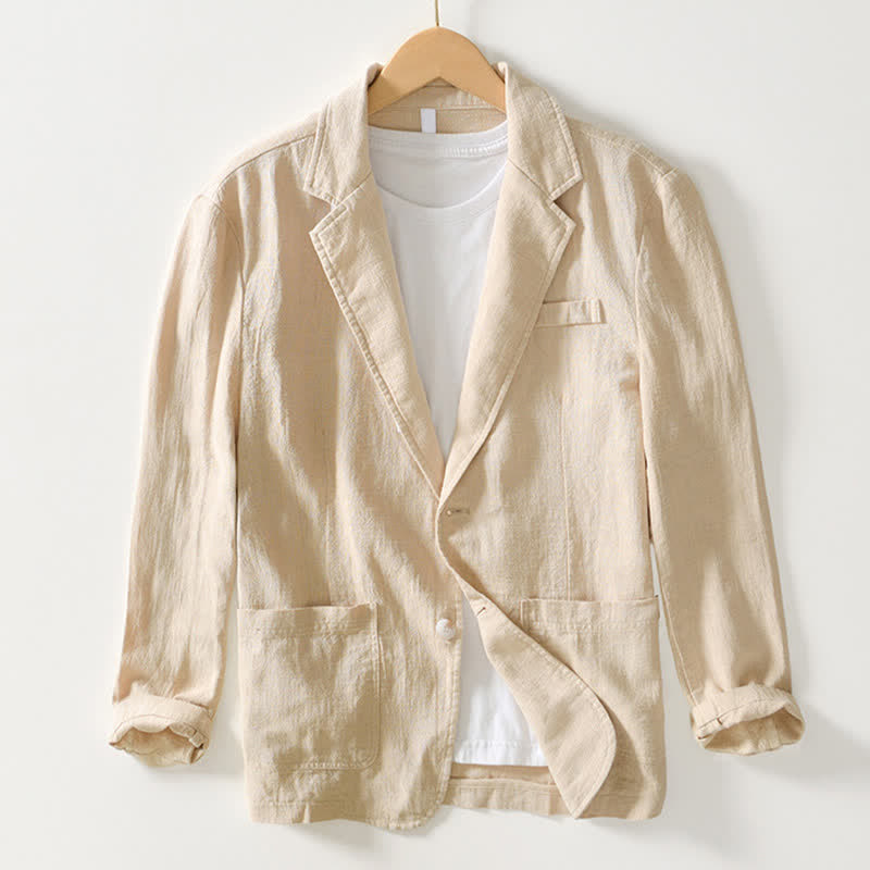 Buddha Stones Spring Fall Casual Minimalist Ramie Cotton Lapel Solid Men's Jacket With Pockets - Beige - US/UK/AU44,EU54 (4XL) - image 22