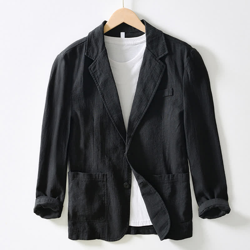 Buddha Stones Spring Fall Casual Minimalist Ramie Cotton Lapel Solid Men's Jacket With Pockets - Black - US/UK/AU44,EU54 (4XL) - image 4