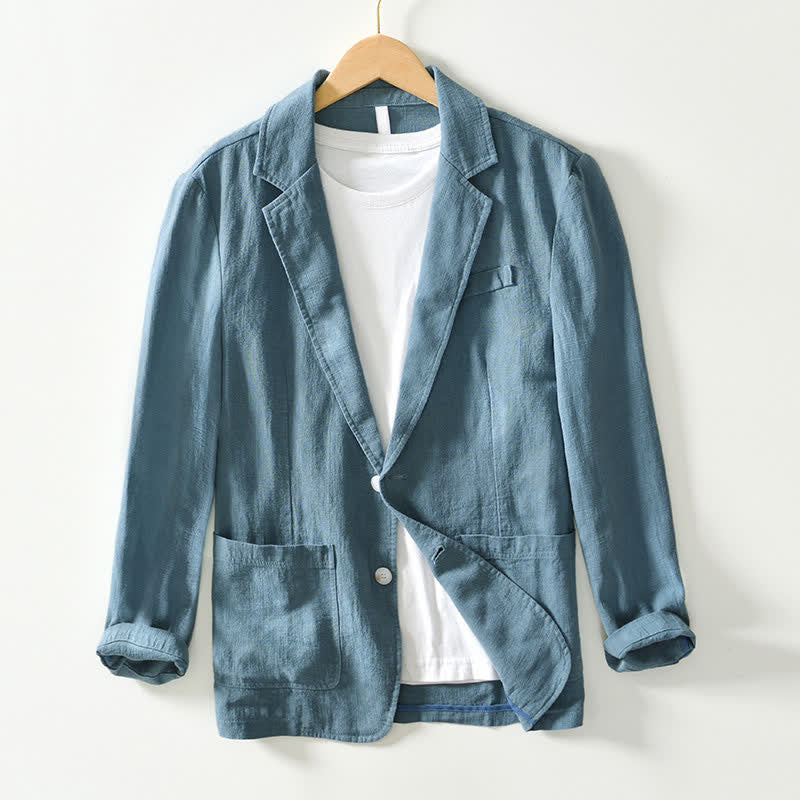 Buddha Stones Spring Fall Casual Minimalist Ramie Cotton Lapel Solid Men's Jacket With Pockets - CadetBlue - US/UK/AU44,EU54 (4XL) - image 16