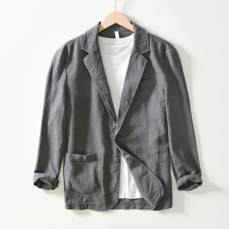 Buddha Stones Spring Fall Casual Minimalist Ramie Cotton Lapel Solid Men's Jacket With Pockets - DimGray - US/UK/AU44,EU54 (4XL) - image 0