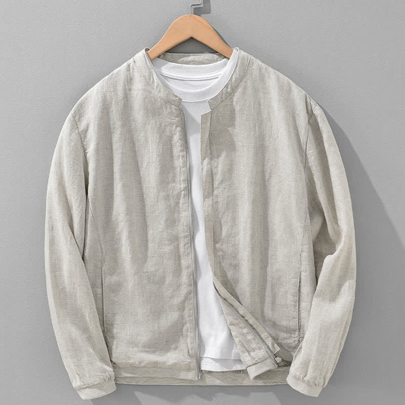 Buddha Stones Spring Summer Casual Minimalist Mandarin Collar Zipper Design Solid Men's Jacket With Pockets - Beige - US/UK/AU42,EU52 (3XL) - image 0