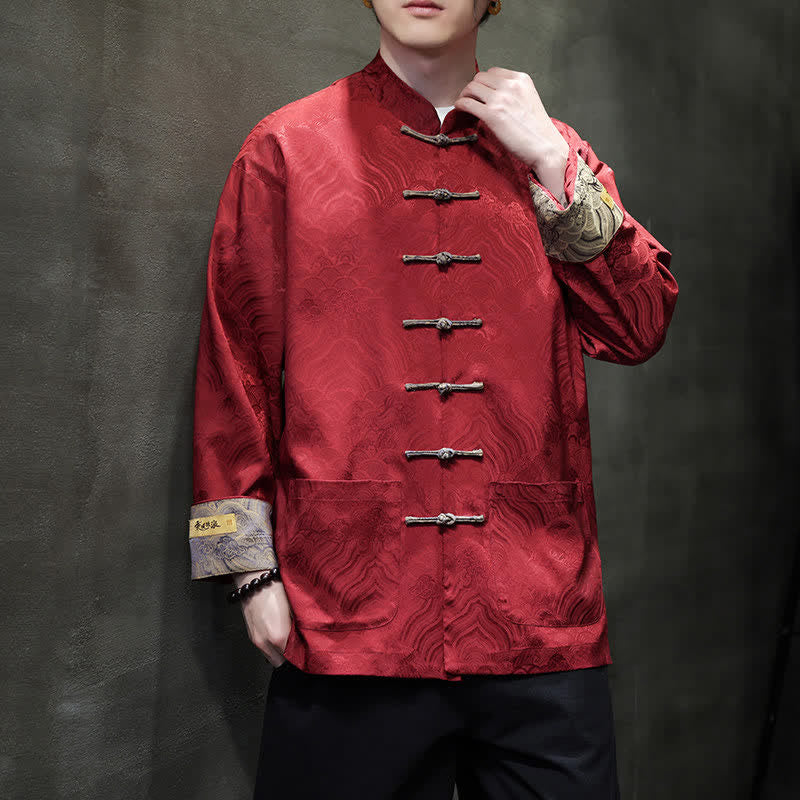 Buddha Stones Fall Winter Tang Style Elegant Mandarin Collar Abstract Wave Pattern Frog Button Men's Jacket With Pockets - Crimson - US/UK/AU46,EU56 (5XL) - image 0