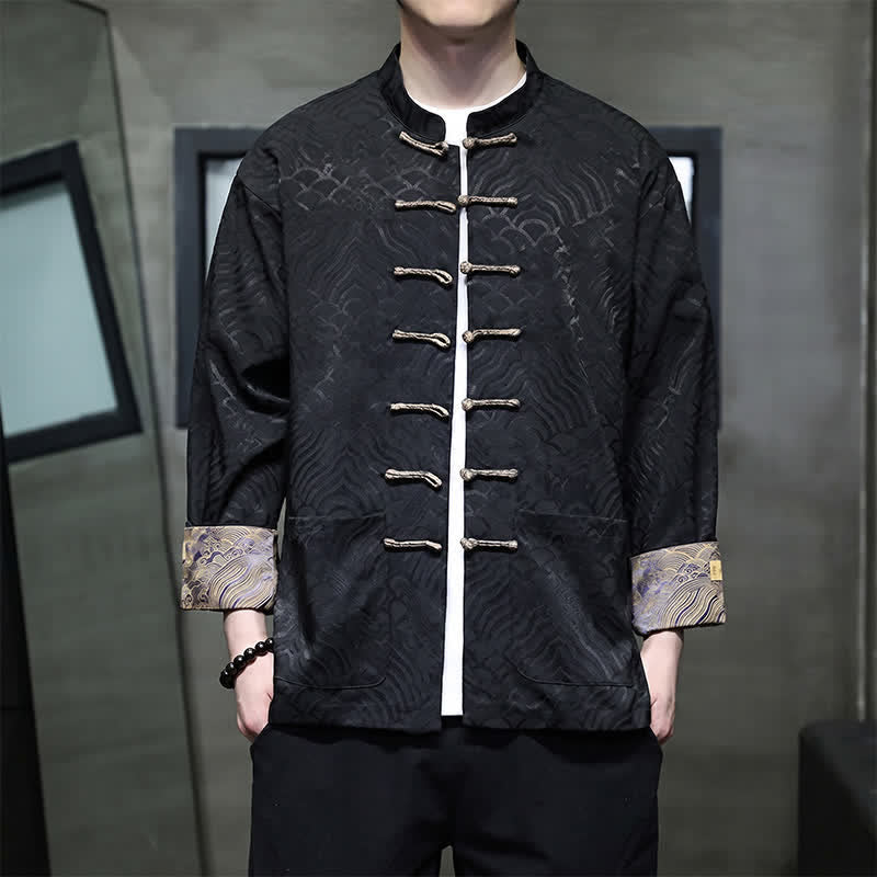 Buddha Stones Fall Winter Tang Style Elegant Mandarin Collar Abstract Wave Pattern Frog Button Men's Jacket With Pockets - Black - US/UK/AU46,EU56 (5XL) - image 10