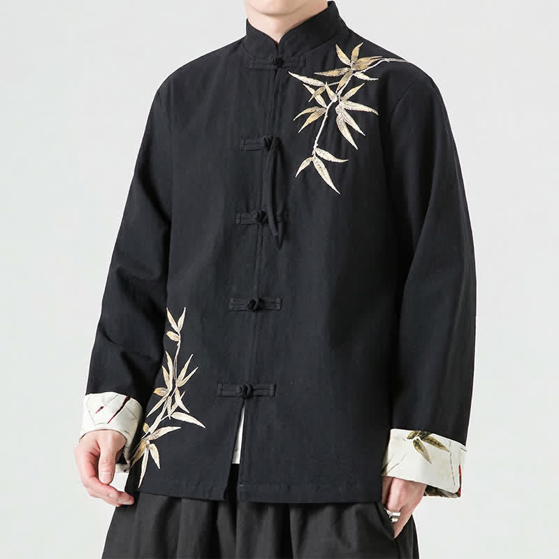 Buddha Stones Fall Winter Tang Style Vintage Frog Button Bamboo Cotton Linen Men's Jacket - Black - US/UK/AU46,EU56 (5XL) - image 12