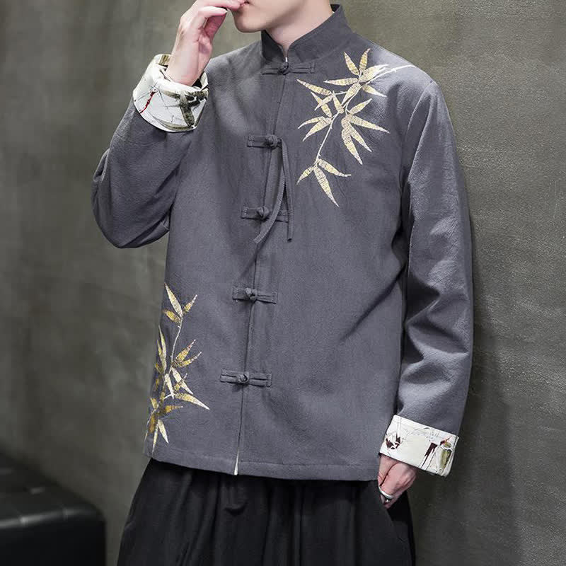 Buddha Stones Fall Winter Tang Style Vintage Frog Button Bamboo Cotton Linen Men's Jacket - DimGray - US/UK/AU46,EU56 (5XL) - image 0